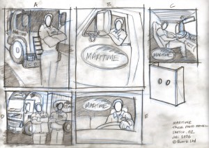 Pencil sketches of 5 different options that were put forward for Maritime to use as a photo opportunity board. Images include; a man stood in front of a truck, two people stood in front of a container truck and 3 images of a man sat in a cab. 