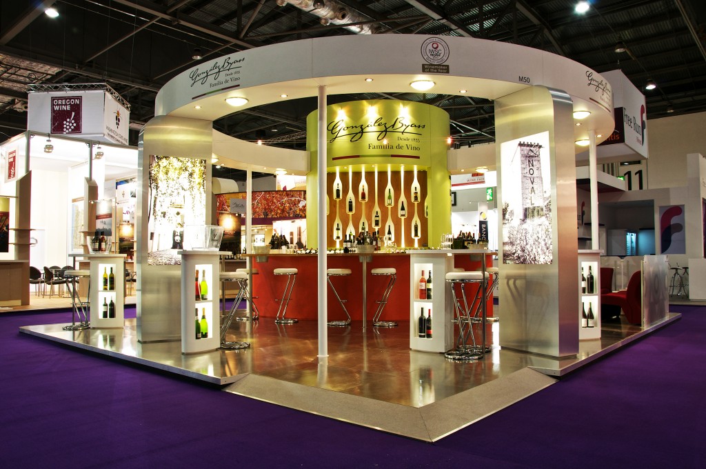 Gonzalez Byass exhibition stand incorporating wine bottles in the fabric of the build.